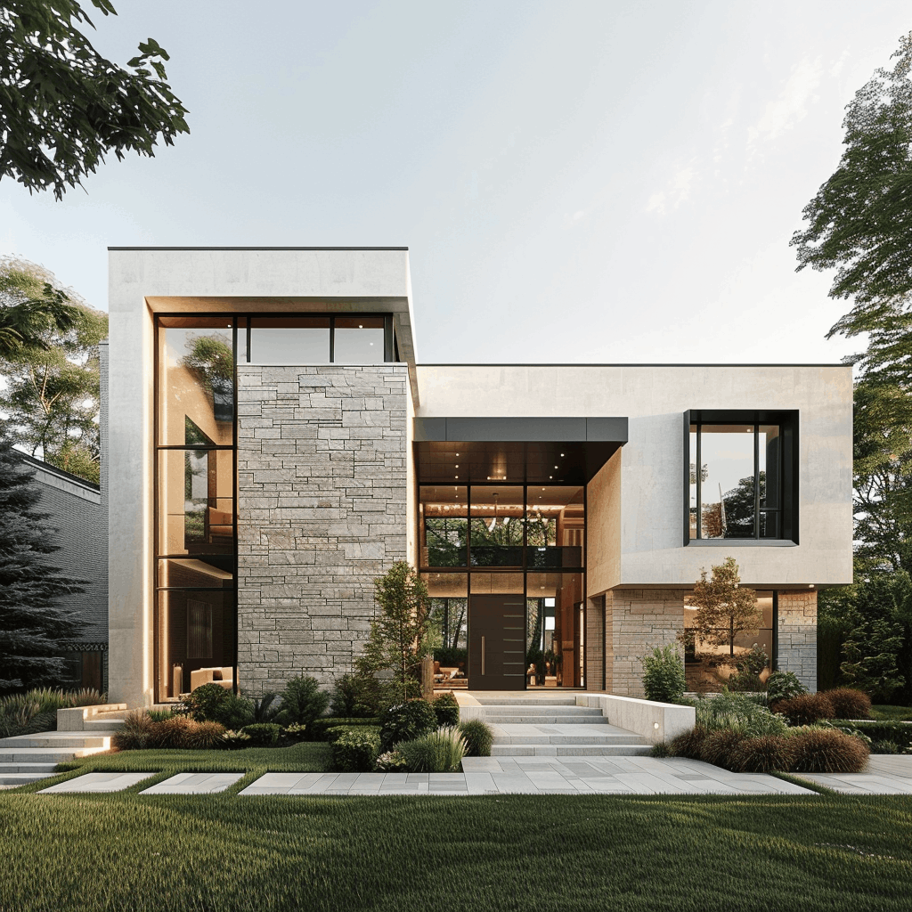 Modern house with large windows and landscaped garden